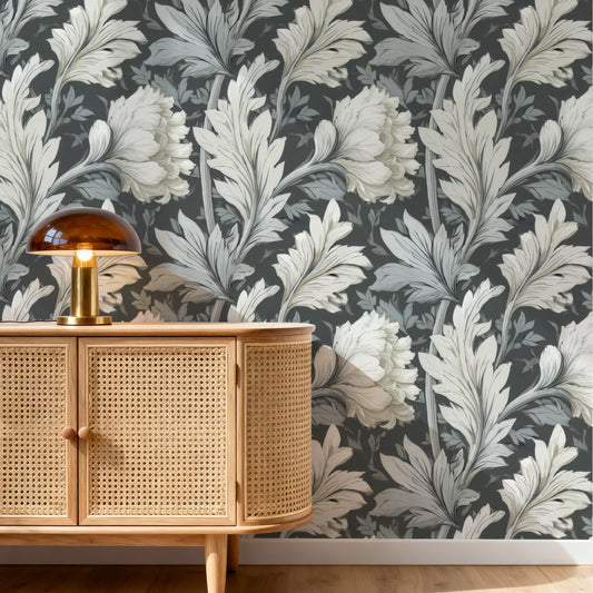 Slate Peony large scale wallpaper in a styled room