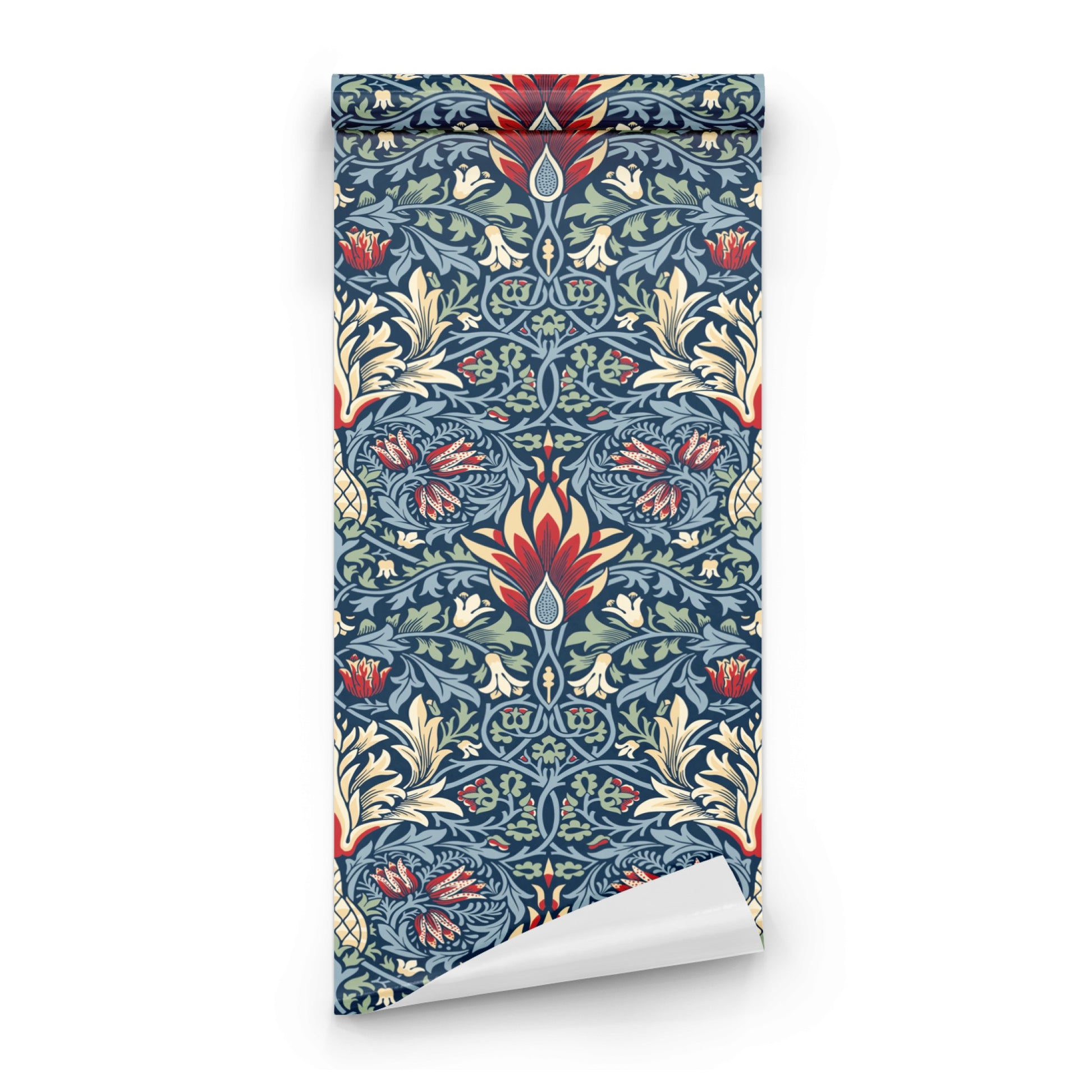 Blue Floral Wallpaper tile preview with the snakeshead pattern laid out across panels in damask blue Victorian Morris handling