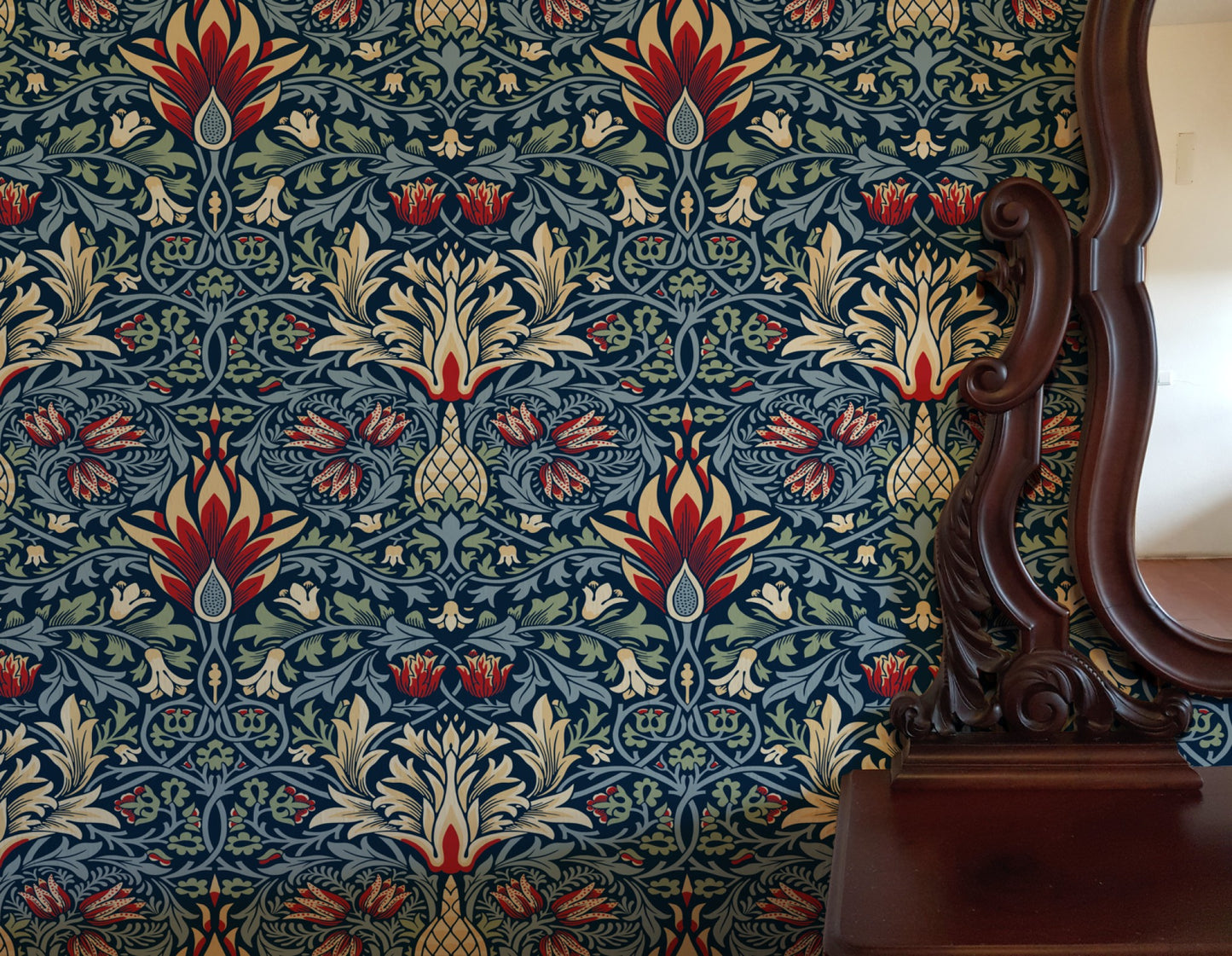 Blue Floral Wallpaper installed in a room interior with the 1876 Morris snakeshead fritillary design in damask blue Victorian palette