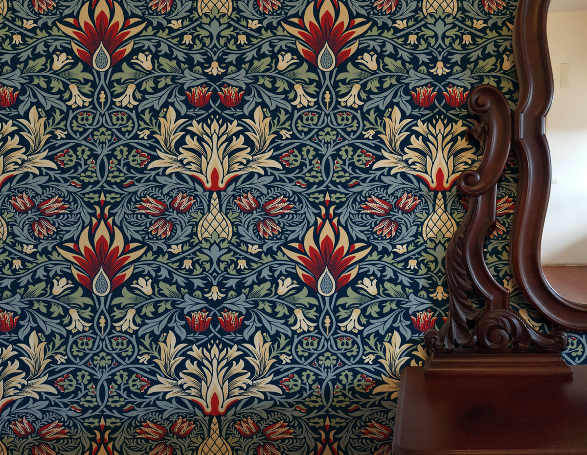 Blue Floral Wallpaper installed in a room interior with the 1876 Morris snakeshead fritillary design in damask blue Victorian palette