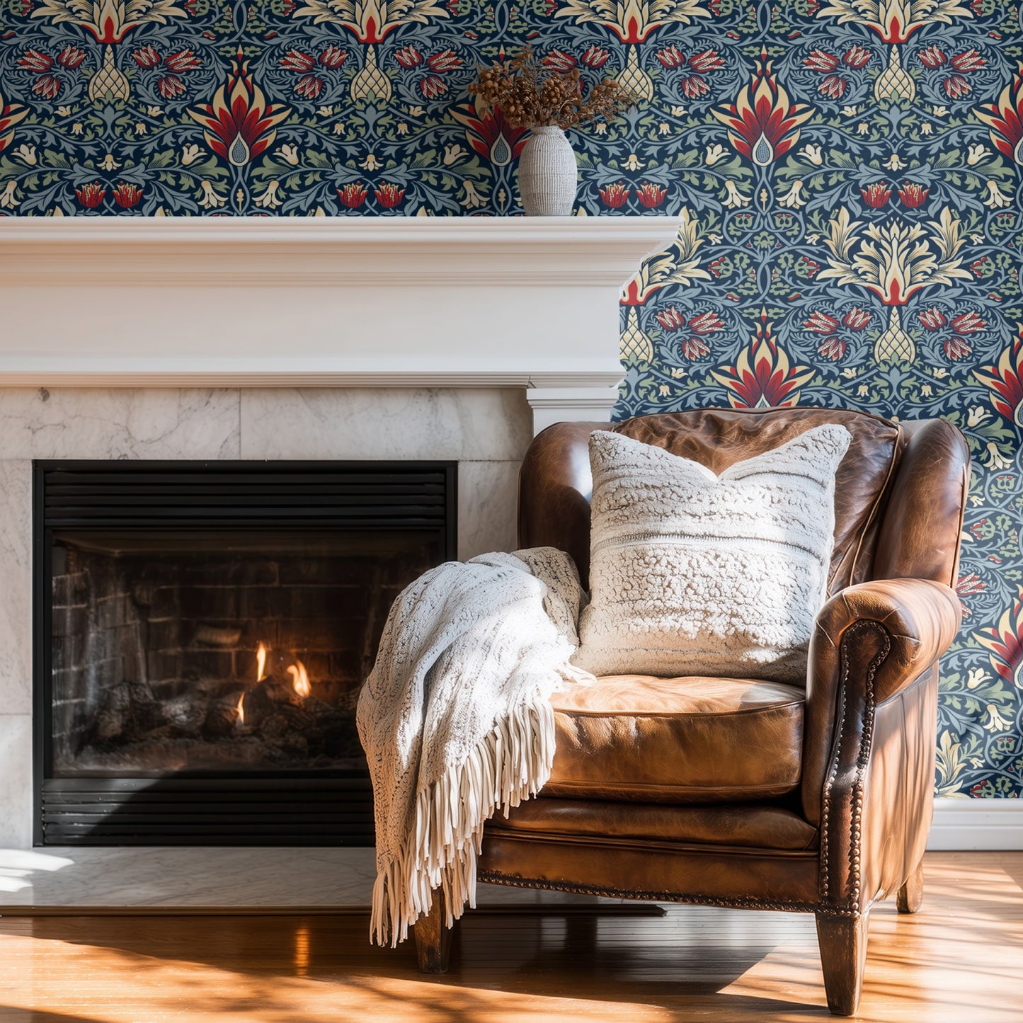 Blue Floral Wallpaper installed in a room interior with the 1876 Morris snakeshead fritillary design in damask blue Victorian palette