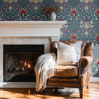 Blue Floral Wallpaper installed in a room interior with the 1876 Morris snakeshead fritillary design in damask blue Victorian palette