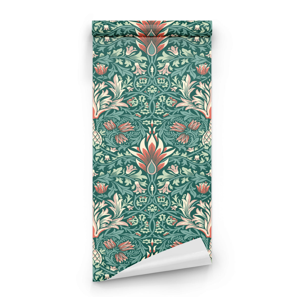 Green Floral Wallpaper roll preview showing the snakeshead fritillary drawing in close damask green Victorian Morris detail