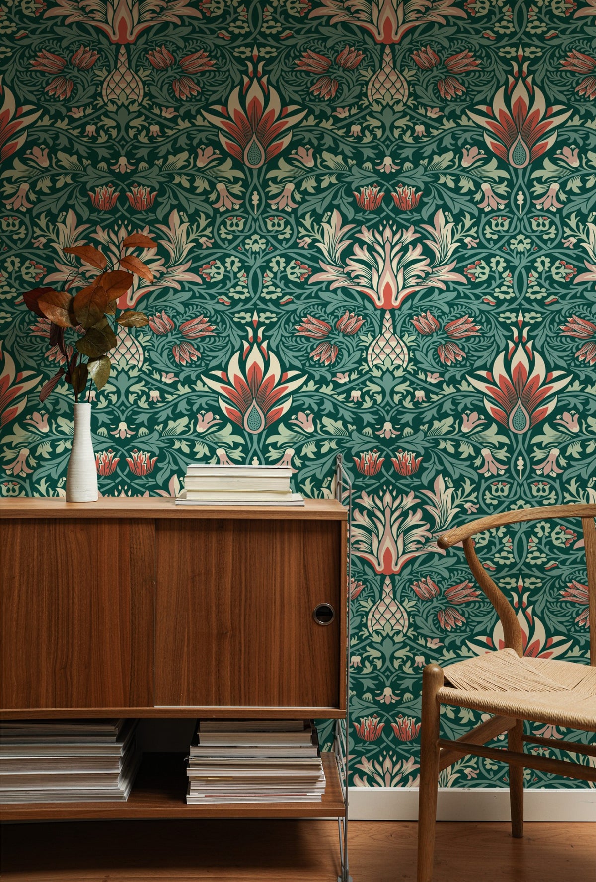 Green Floral Wallpaper installed on a room wall with the 1876 Morris snakeshead fritillary design in damask green Victorian palette