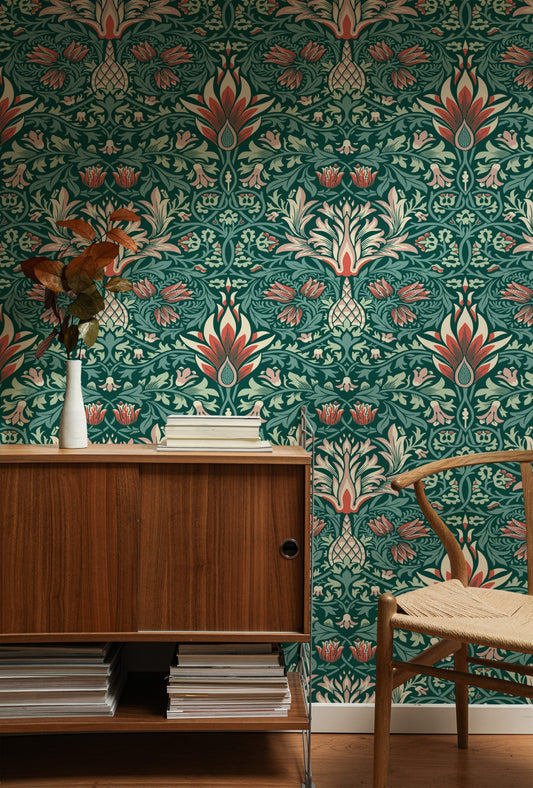 Green Floral Wallpaper installed on a room wall with the 1876 Morris snakeshead fritillary design in damask green Victorian palette