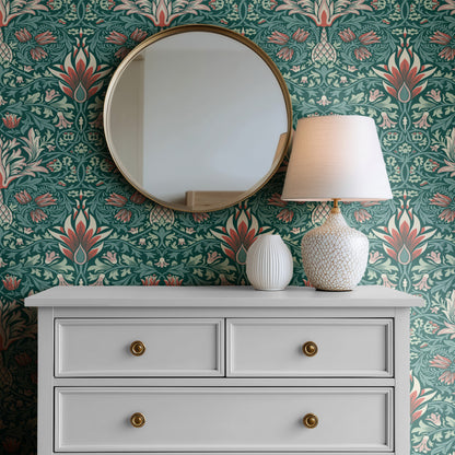 Green Floral Wallpaper installed on a room wall with the 1876 Morris snakeshead fritillary design in damask green Victorian palette