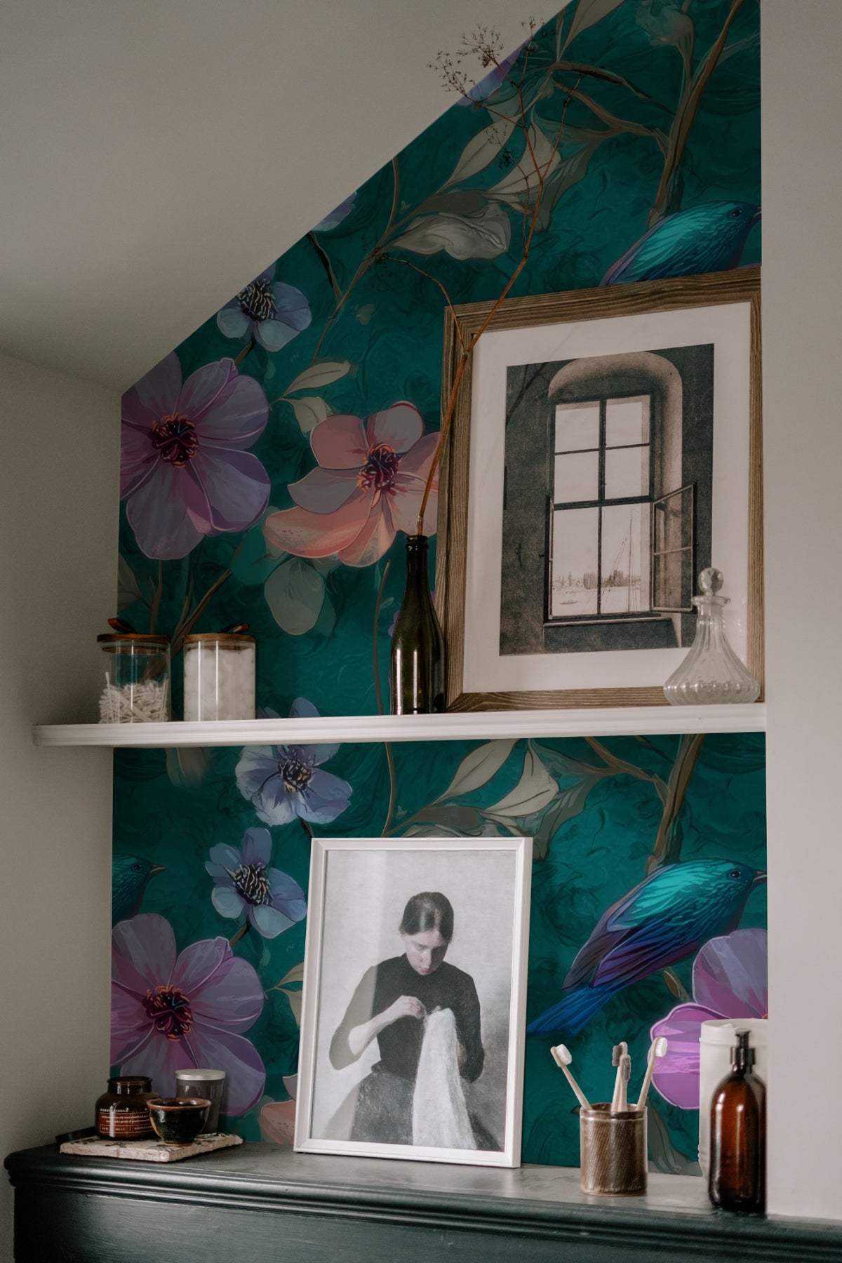 Songbird Blossom large scale wallpaper in a styled room