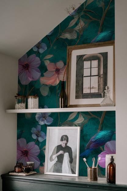Songbird Blossom large scale wallpaper in a styled room