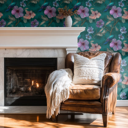 Songbird Blossom large scale wallpaper in a styled room
