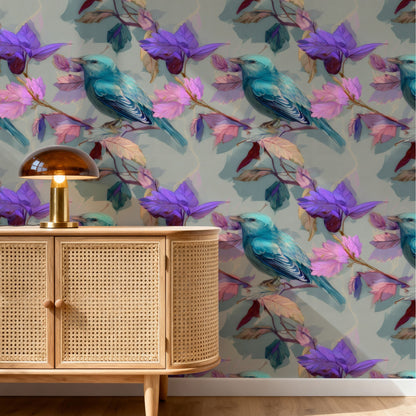 Songbird Branch large scale wallpaper in a styled room