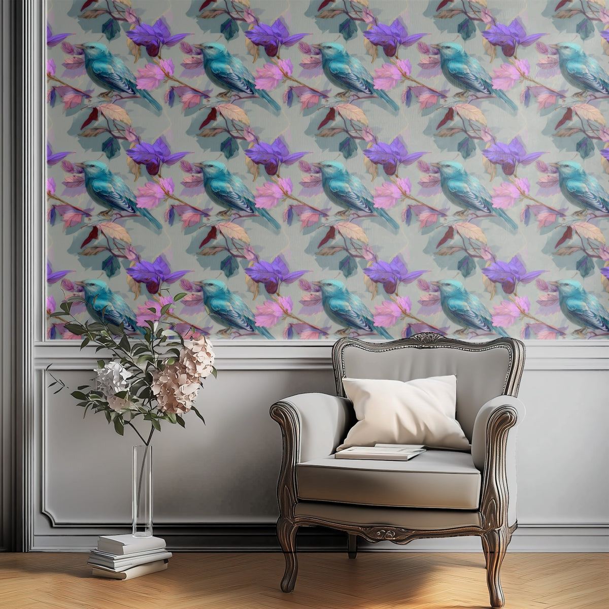Songbird Branch large scale wallpaper in a styled room