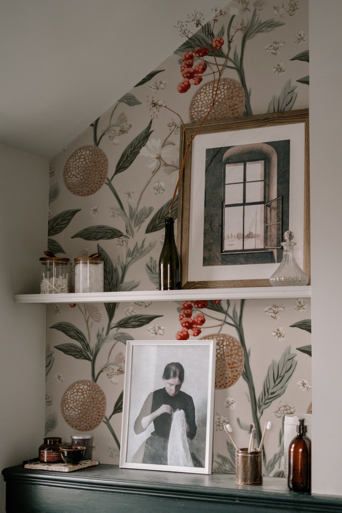 Speckled Pods large scale wallpaper in a styled room