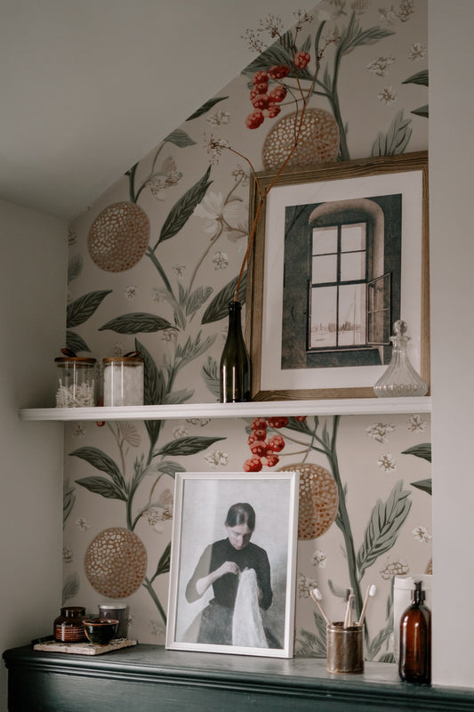 Speckled Pods large scale wallpaper in a styled room