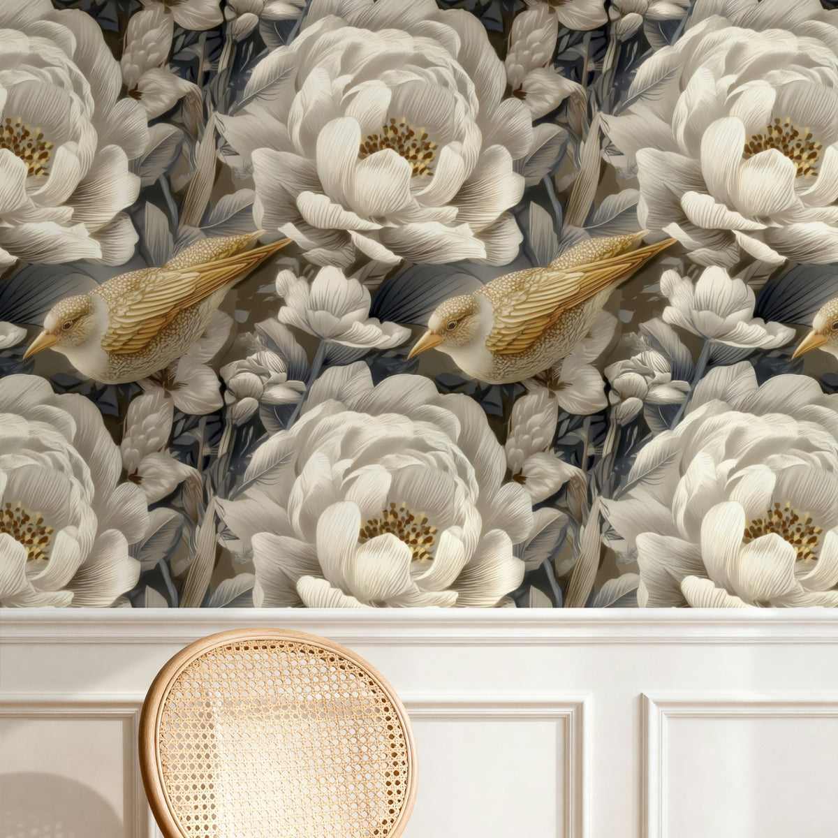 Speckled Sparrow large scale wallpaper in a styled room