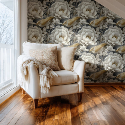 Speckled Sparrow large scale wallpaper in a styled room