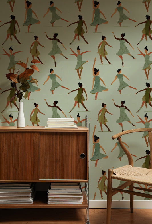 Spinning Ballerinas large scale wallpaper in a styled room