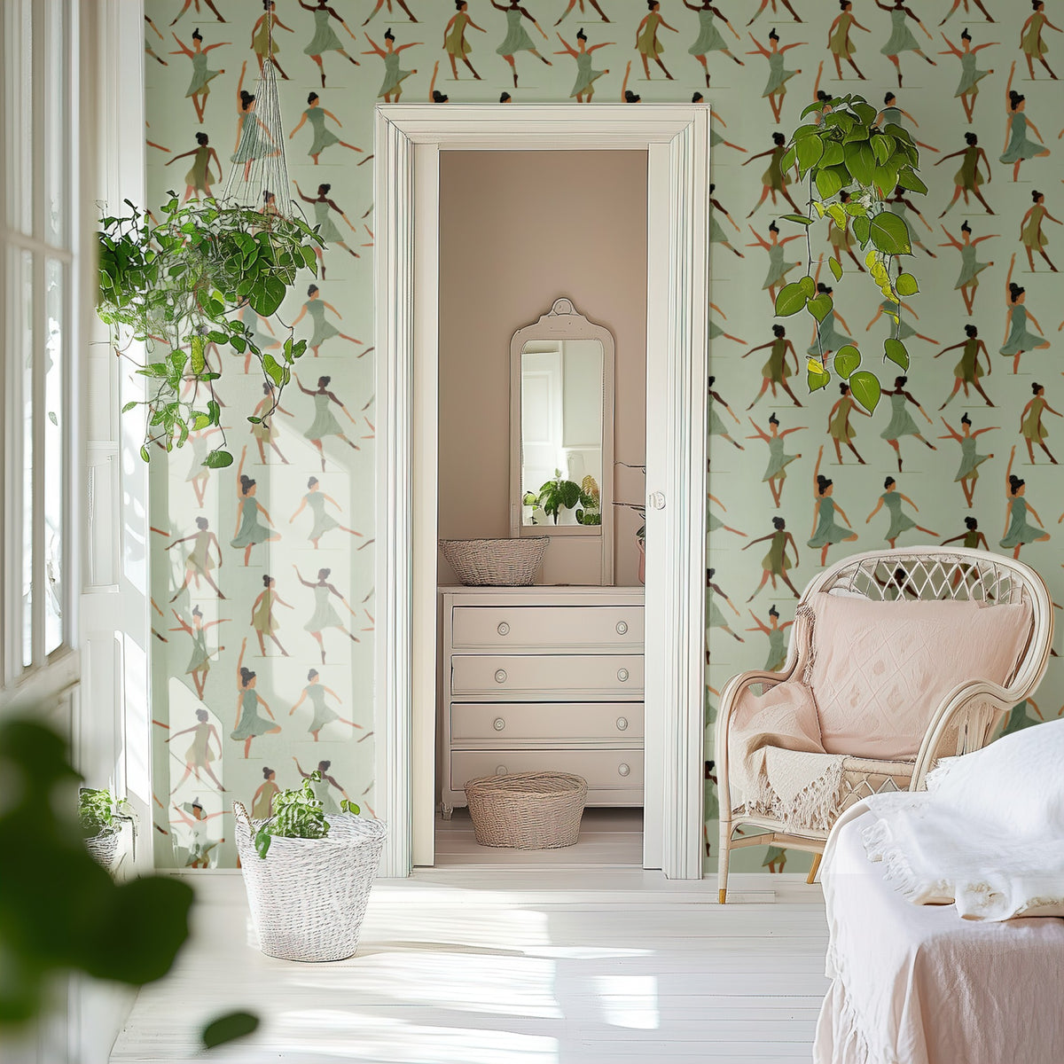 Spinning Ballerinas large scale wallpaper in a styled room