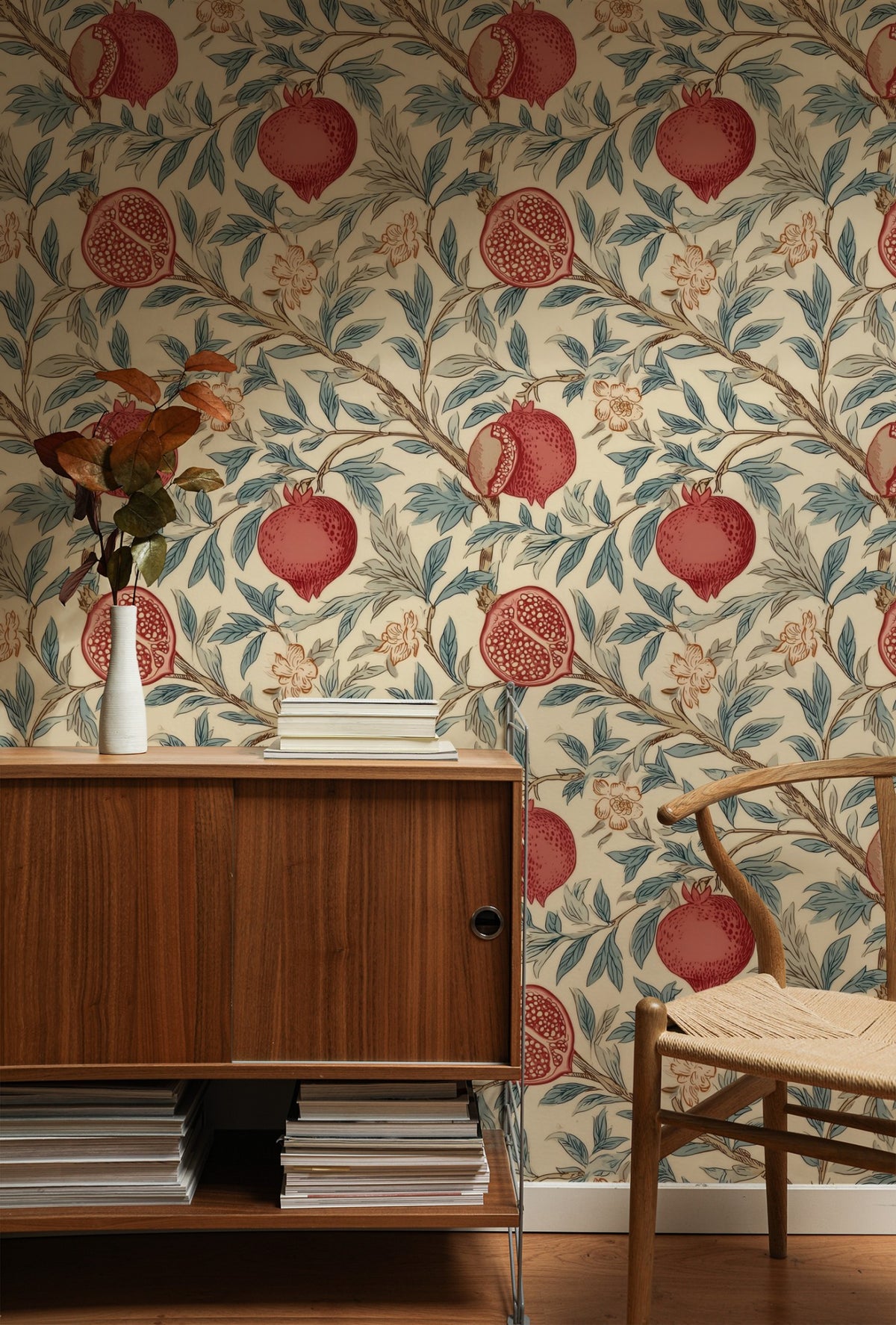 Split Pomegranate large scale wallpaper in a styled room
