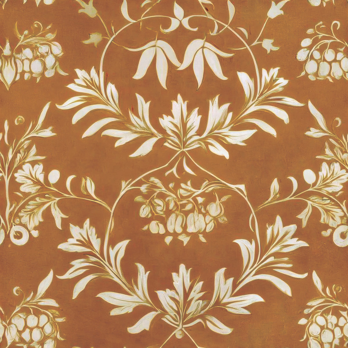 Cream scrolling leaves and garlands frame flower heads on a warm terracotta ground, a William Morris design.