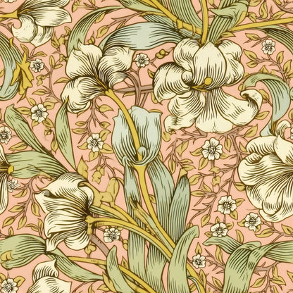 Large cream lilies and pale green leaves crowd a soft peach-pink ground, a William Morris design.