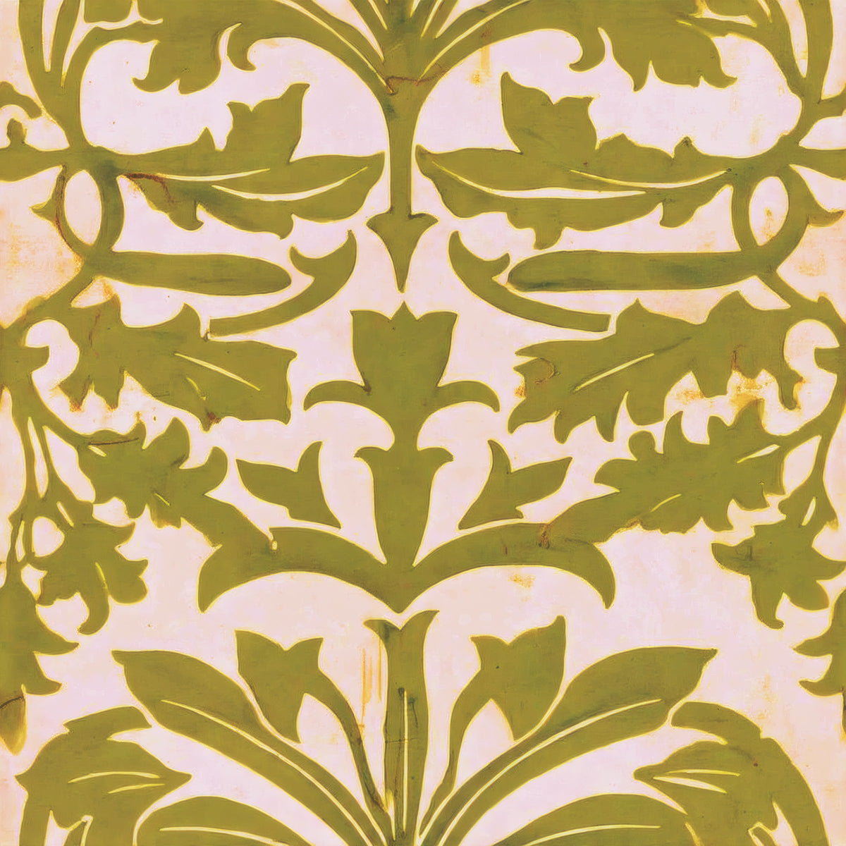 A bold symmetrical leaf and flower design in olive on a warm cream ground, a William Morris design.