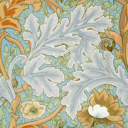 Huge pale acanthus leaves and soft flowers fill a light sky-blue ground, a William Morris design.