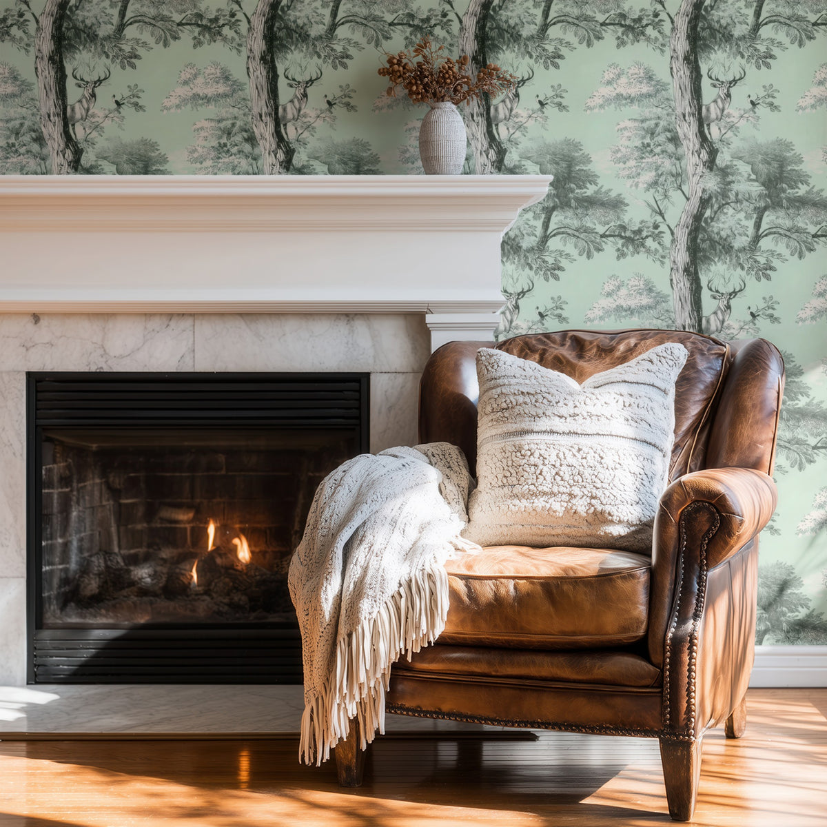 Stag Woodland large scale wallpaper in a styled room