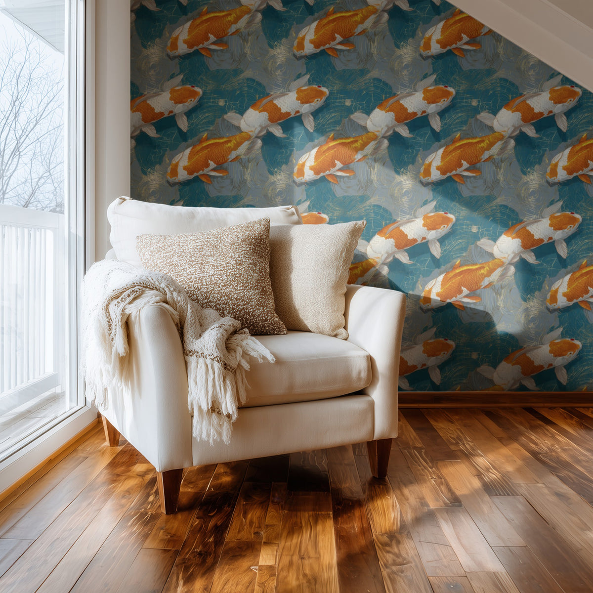 Still Water large scale wallpaper in a styled room