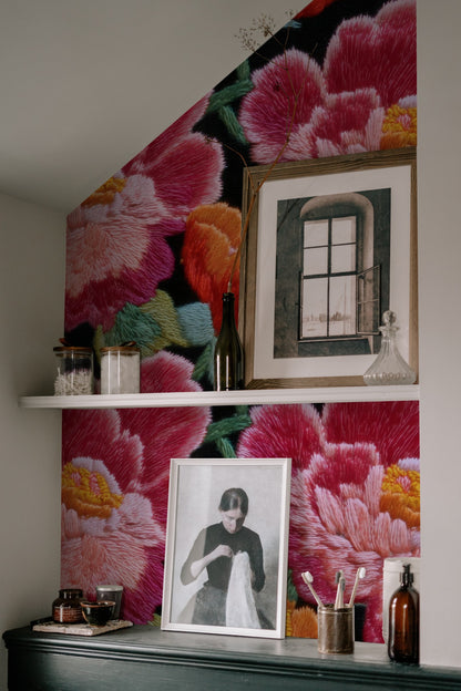 Stitched Peonies large scale wallpaper in a styled room