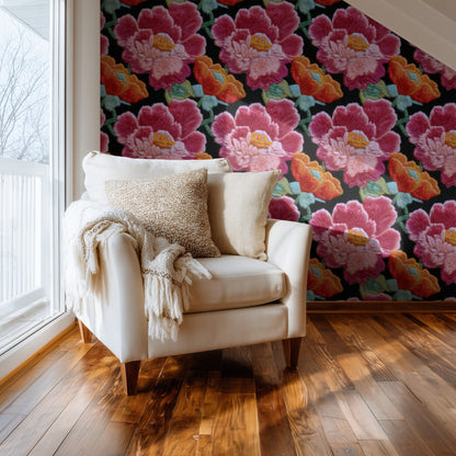 Stitched Peonies large scale wallpaper in a styled room