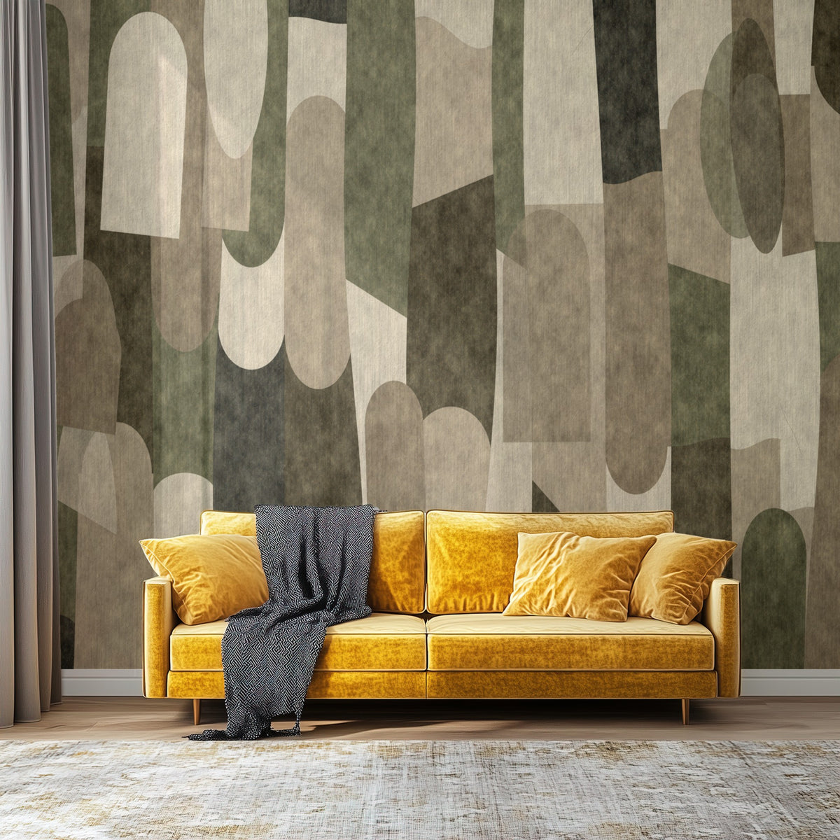 Stone Collage mural behind a mustard velvet sofa