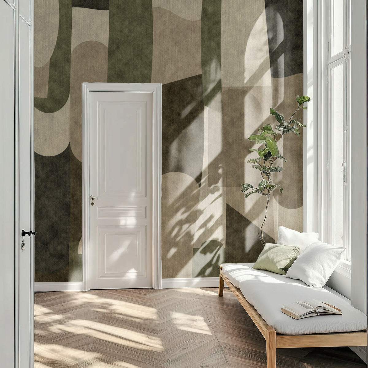 Stone Collage mural in a bright room with a white door and bench