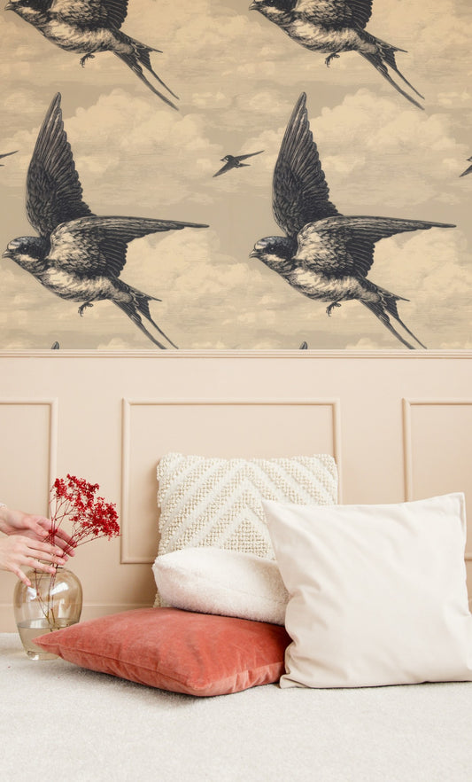 Stone Swallow large scale wallpaper in a styled room
