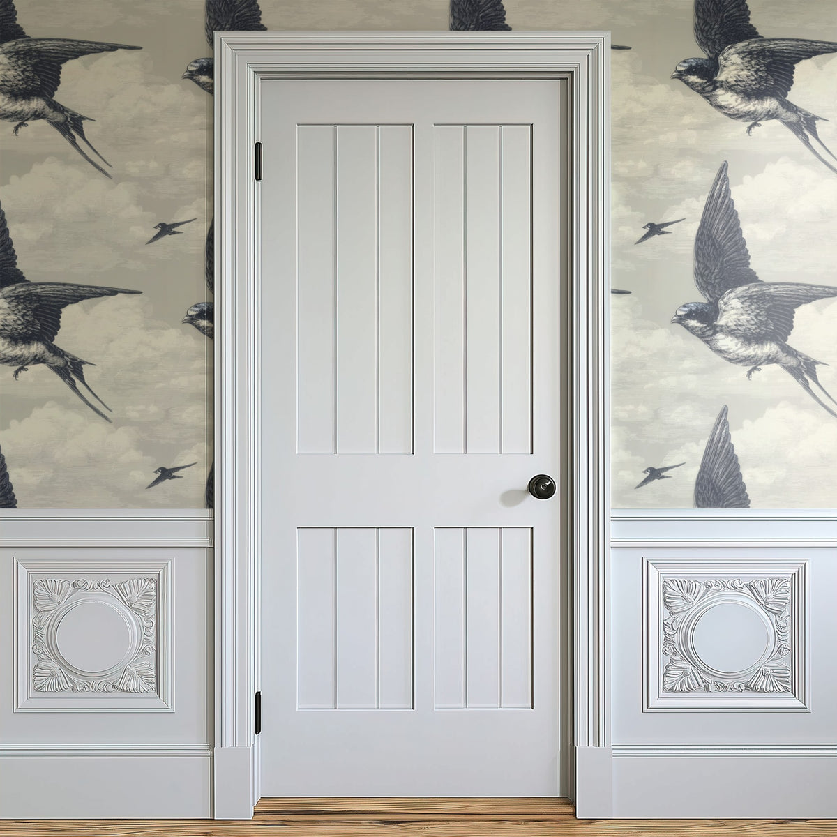 Stone Swallow large scale wallpaper in a styled room