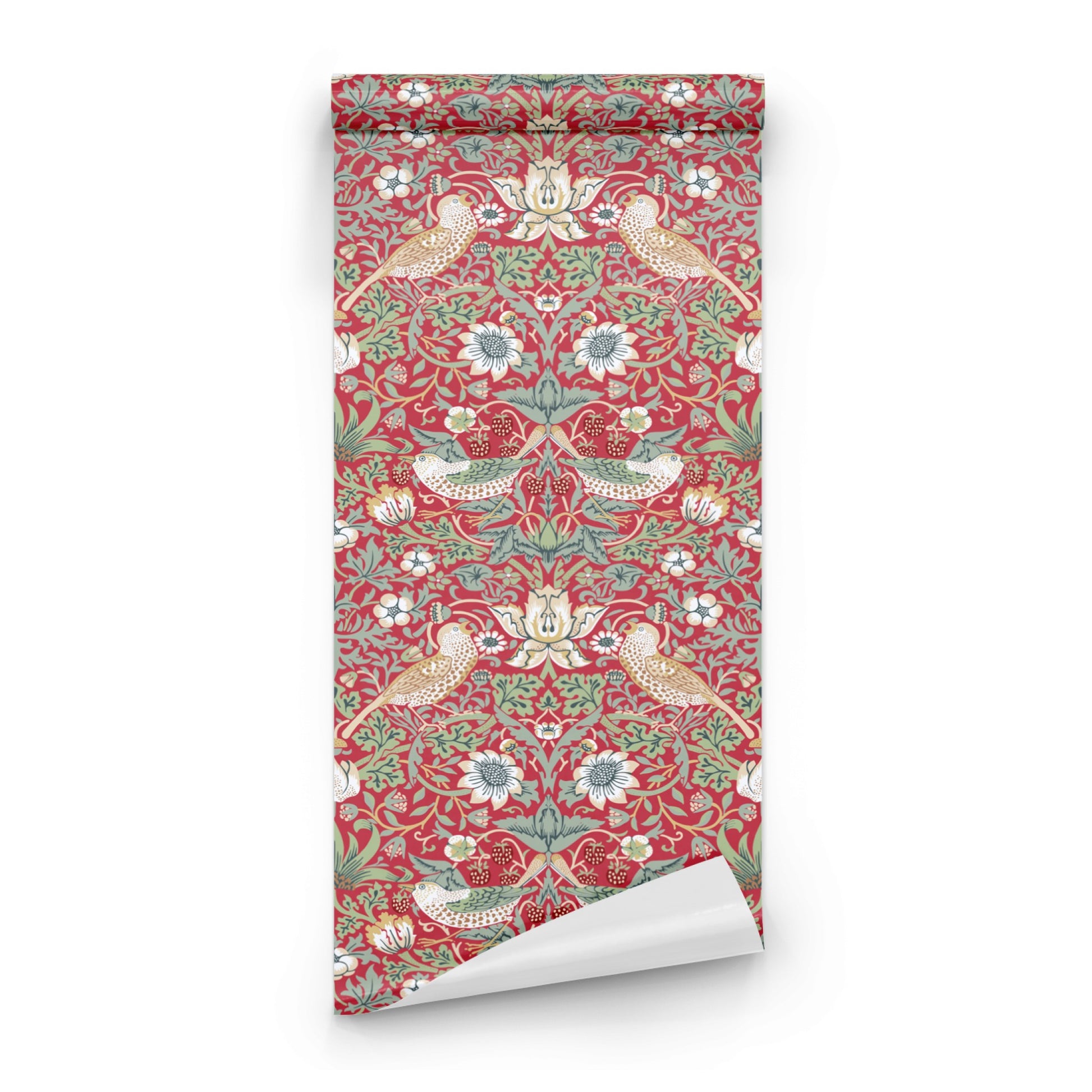 Red Bird Pattern Wallpaper roll preview showing the thrushes-and-strawberries drawing in close deep red Morris detail