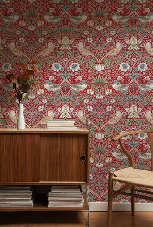 William Morris Strawberry Thief Red Wallpaper