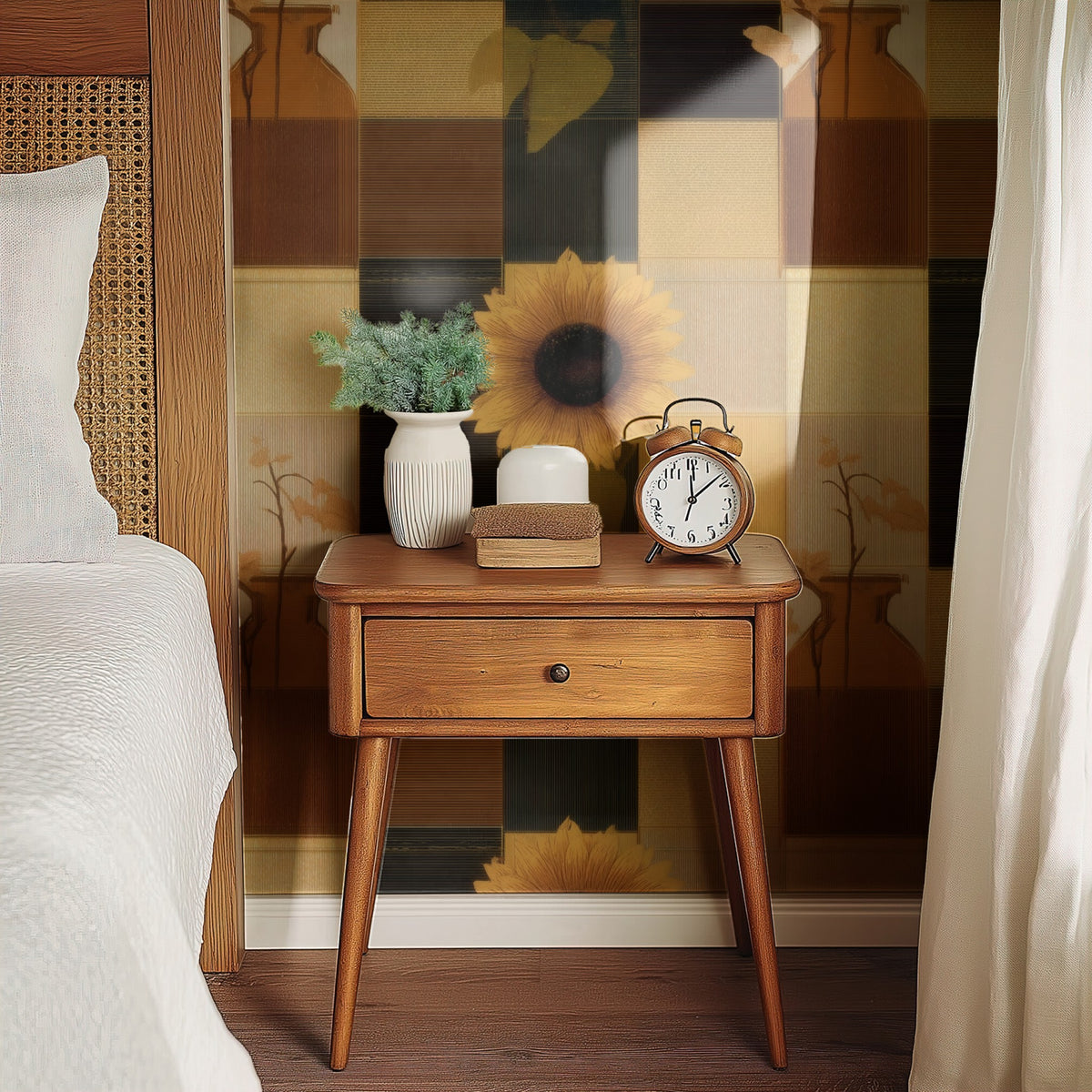 Sunflower Patchwork large scale wallpaper in a styled room