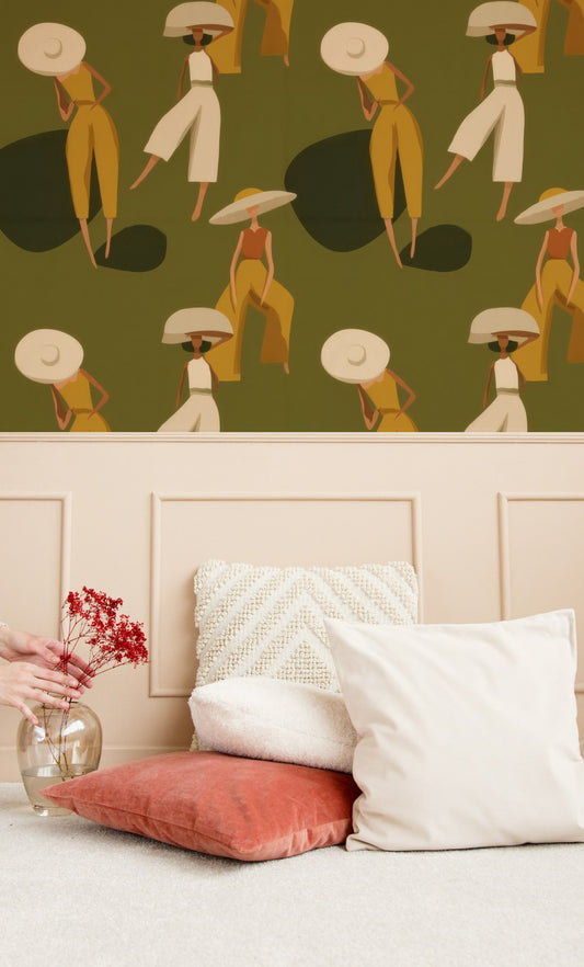 Sunhat Ladies large scale wallpaper in a styled room