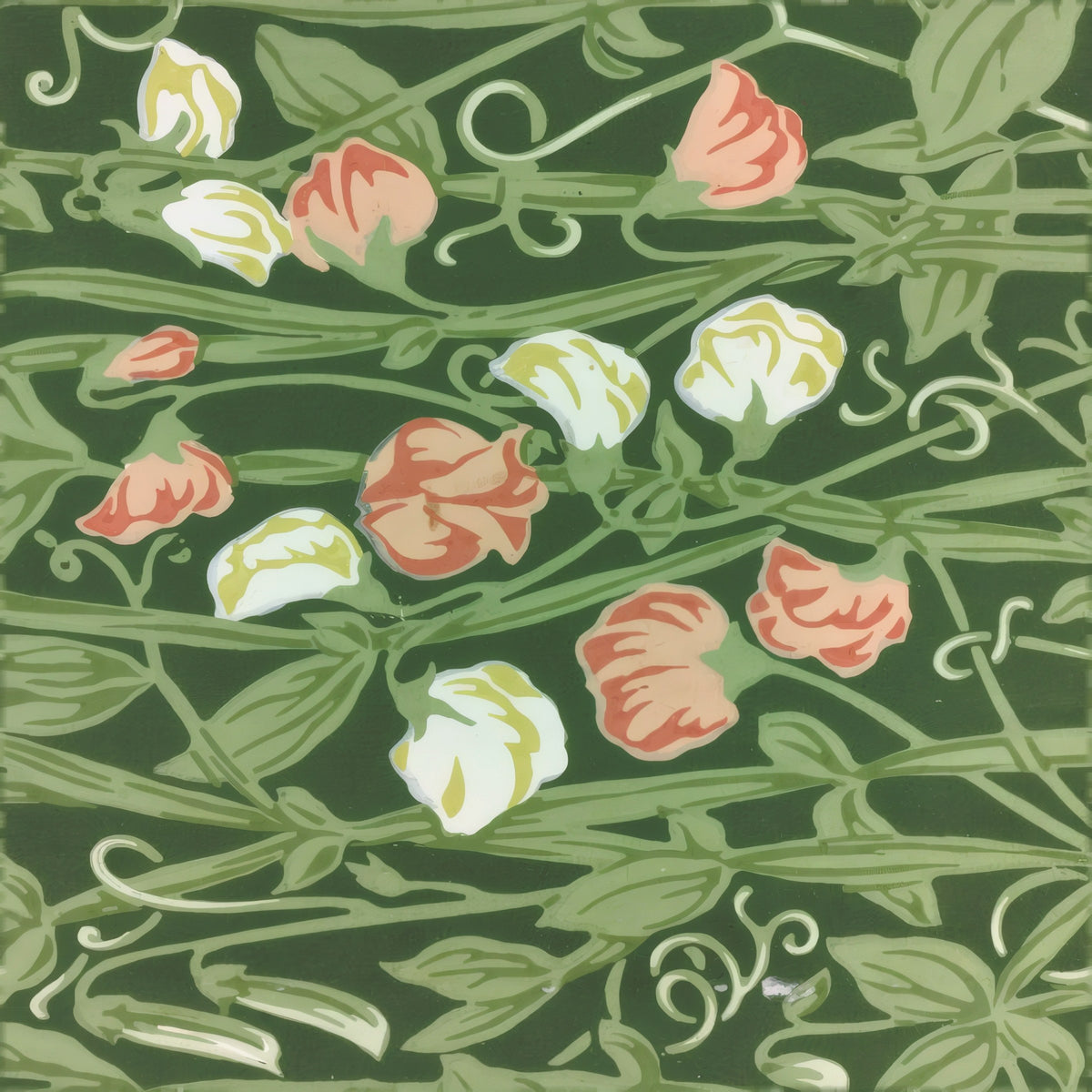 Pink and white sweet peas with curling tendrils on a leaf-green ground, a William Morris design.