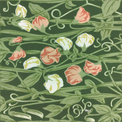 Pink and white sweet peas with curling tendrils on a leaf-green ground, a William Morris design.