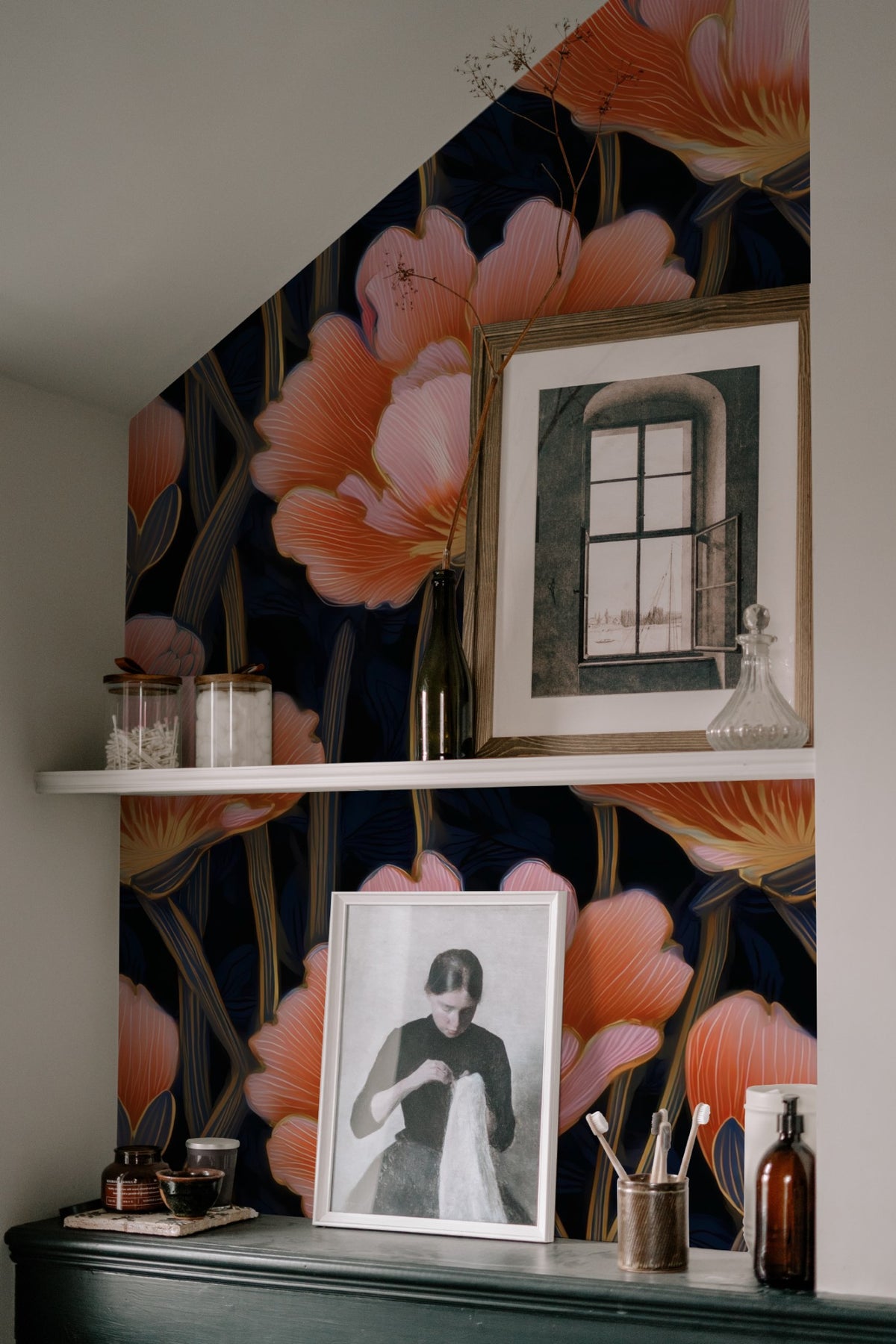 Tall Poppies large scale wallpaper in a styled room