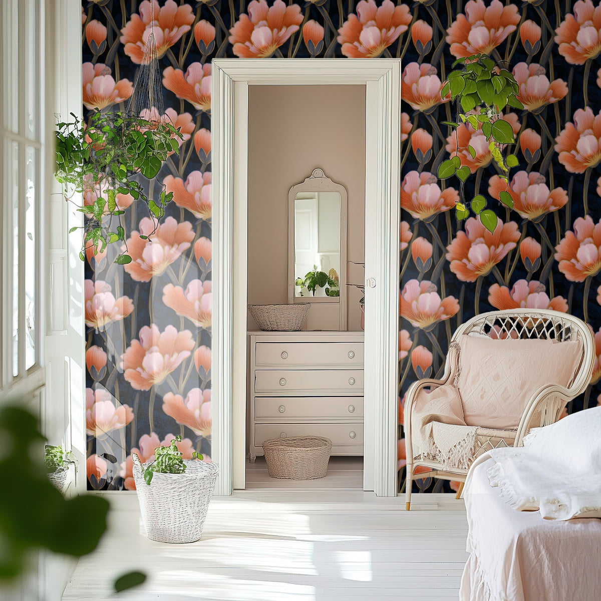 Tall Poppies large scale wallpaper in a styled room