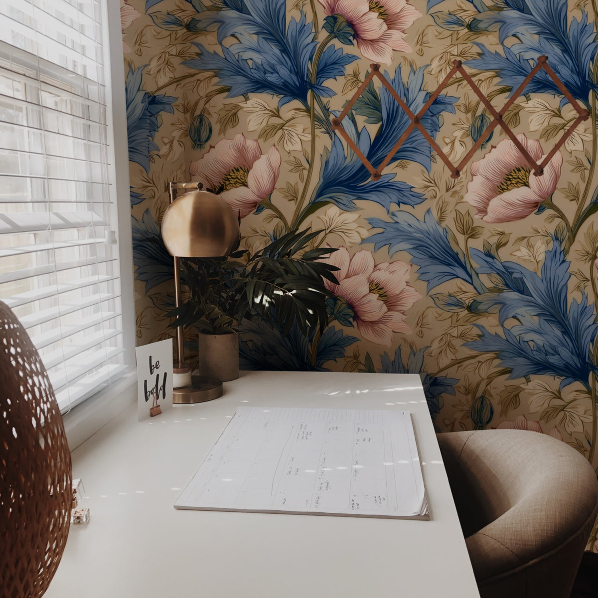 Tan Poppy large scale wallpaper in a styled room