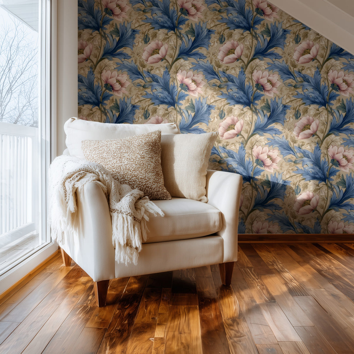 Tan Poppy large scale wallpaper in a styled room