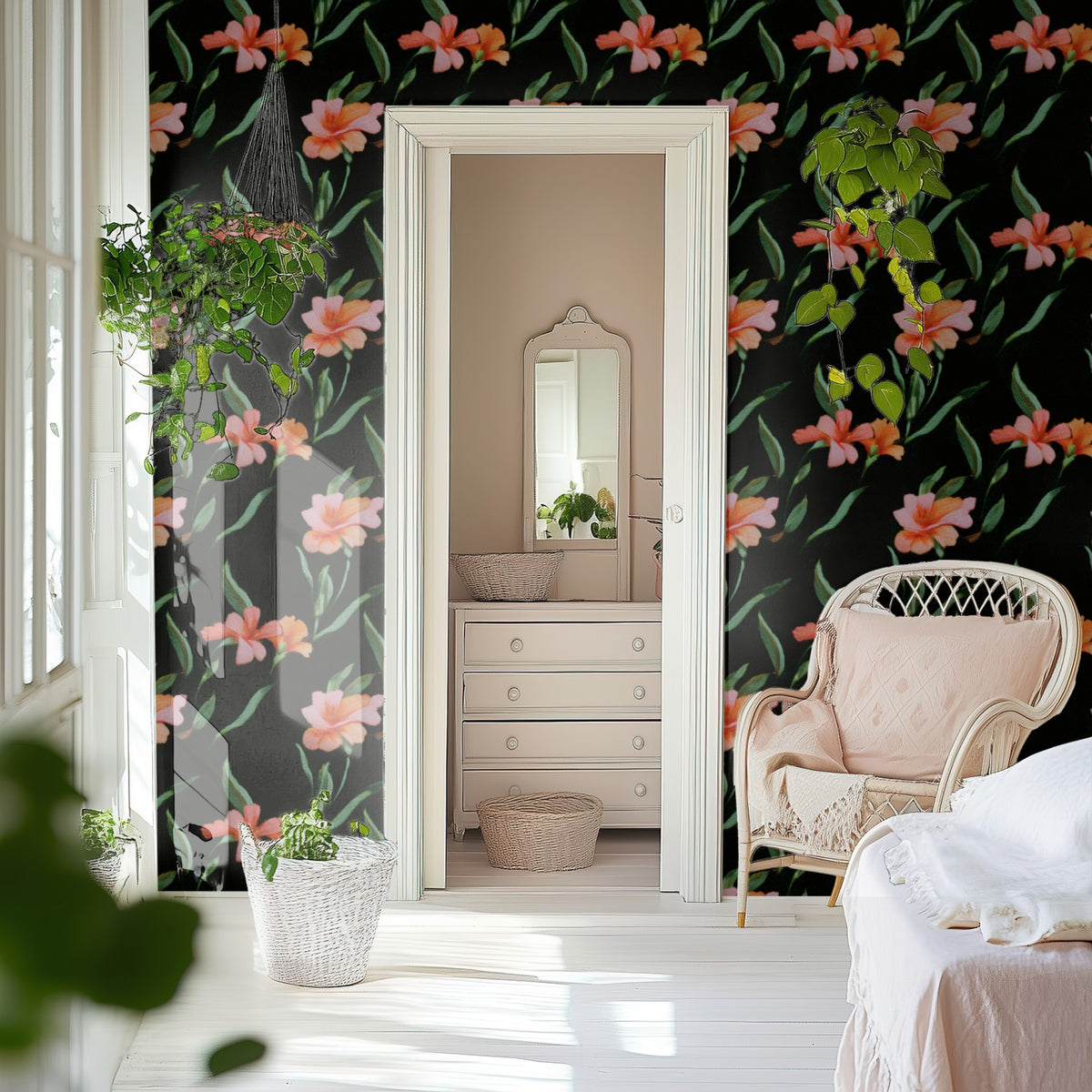 Tangerine Embroidery large scale wallpaper in a styled room