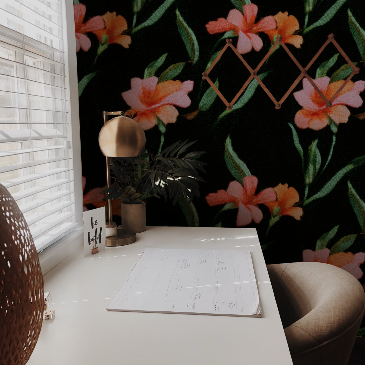 Tangerine Embroidery large scale wallpaper in a styled room