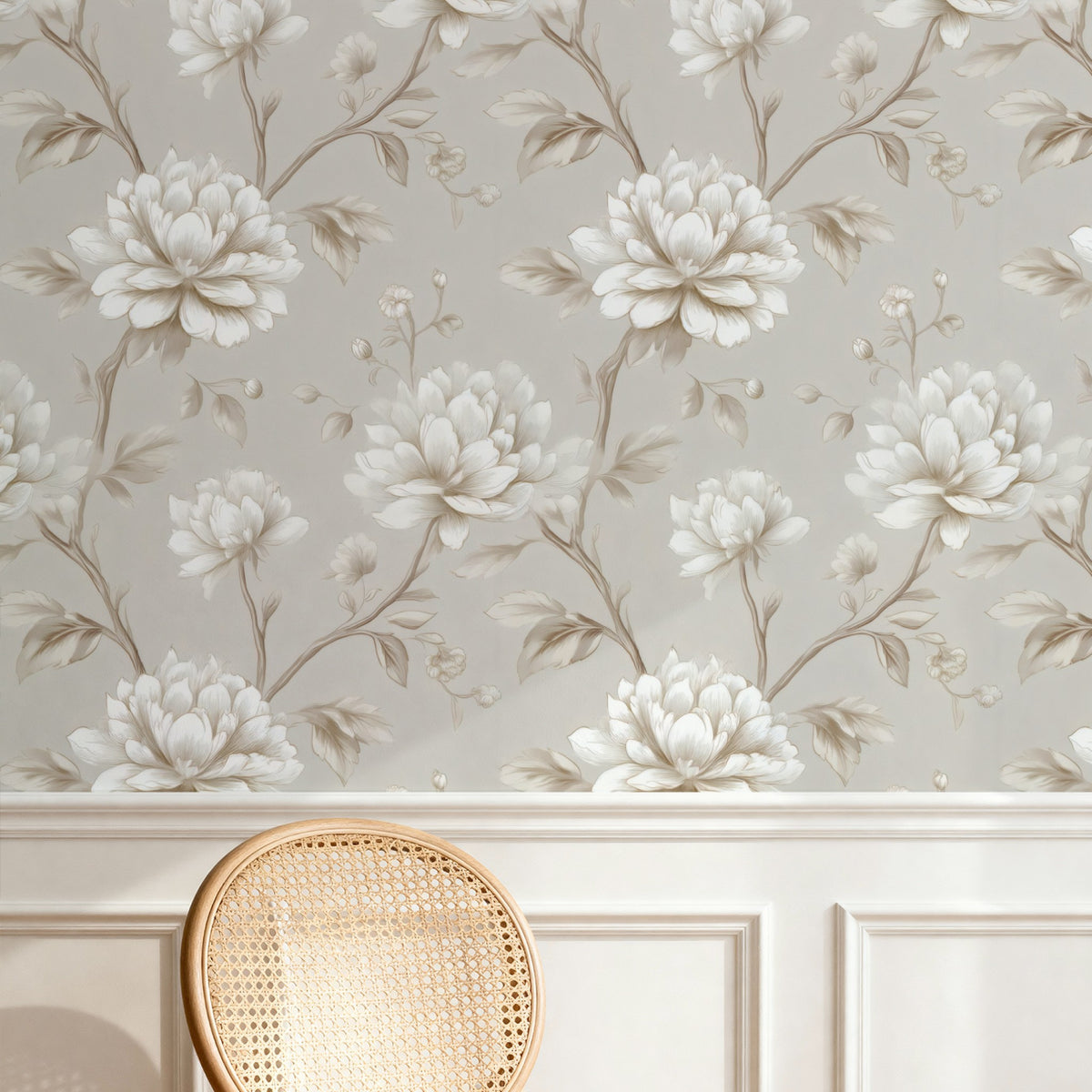 Taupe Blossom large scale wallpaper in a styled room