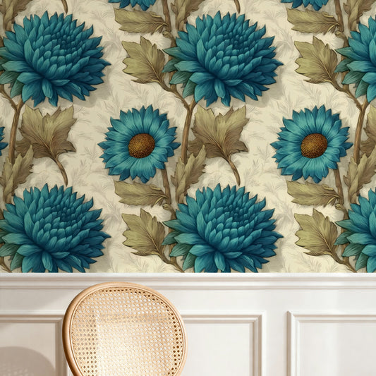 Teal Chrysanthemum large scale wallpaper in a styled room