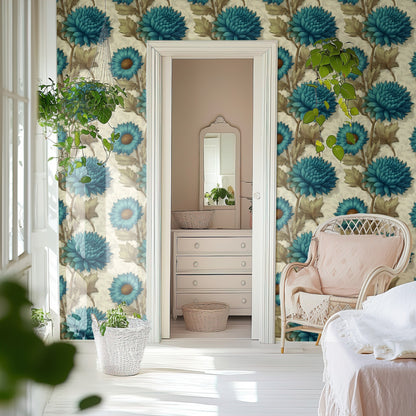 Teal Chrysanthemum large scale wallpaper in a styled room