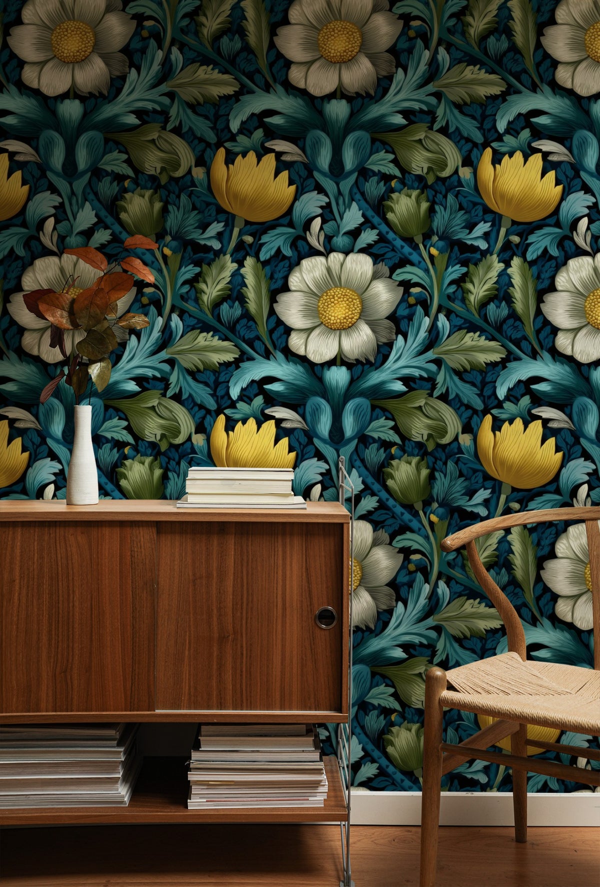 Teal Damask large scale wallpaper in a styled room